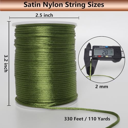 LUSTEMBER 2 mm x 330 Feet Satin Nylon Cord, Silky Smooth Nylon String for Jewelry Making Bracelet Necklaces Beading Thread Rattail Macrame Kumihimo Chinese Knot Craft - size: Green