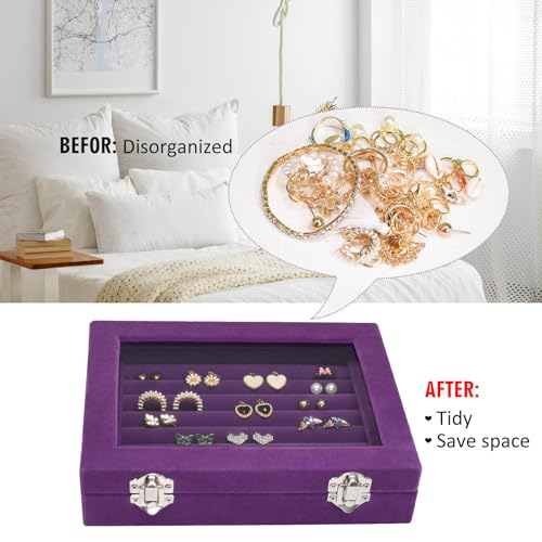 Vicoter Rings Organizer Tray 7 Slots Velvet Jewelry Earring Storage Box with Transparent lid Jewelry Display Case for Girls Wife Mom Women (Purple) - color: Purple