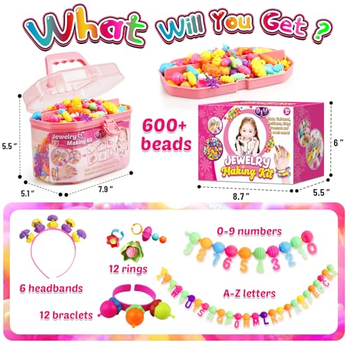 FUNZBO 650pcs Pop Beads - Jewelry Making Kit for 3 4 5 6 7 8 Year Old Little Girls, Arts and Crafts Toys for Kids, Necklace Bracelet Creativity Snap Set Birthday Gifts - size: Large