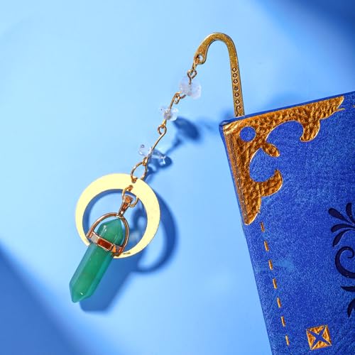 Vintage Metal Bookmark Pendant with Natural Crystal Stones Green Aventurine Bead Chain–Elegant Moon Bookmarks for Women,Men,Book Lovers,Teachers and Girls(Green Jade) - style: Green Jade