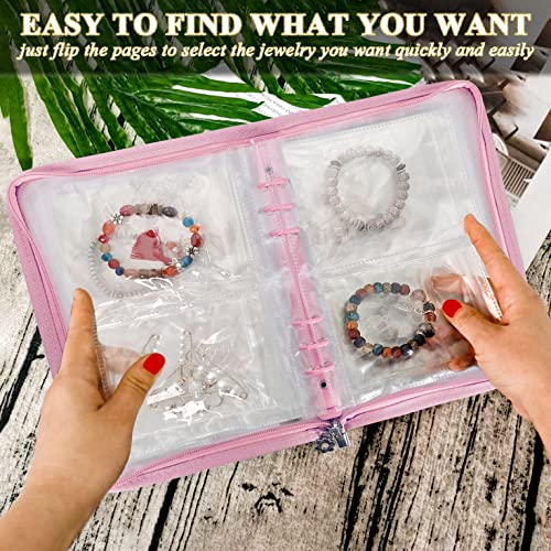 Bracelet Holder Travel Jewelry Organizer Case Transparent Jewelry Storage Book for Earring Necklace Ring with Small Clear Zippered Pouch - color: Pink,48 PCS Large Bags