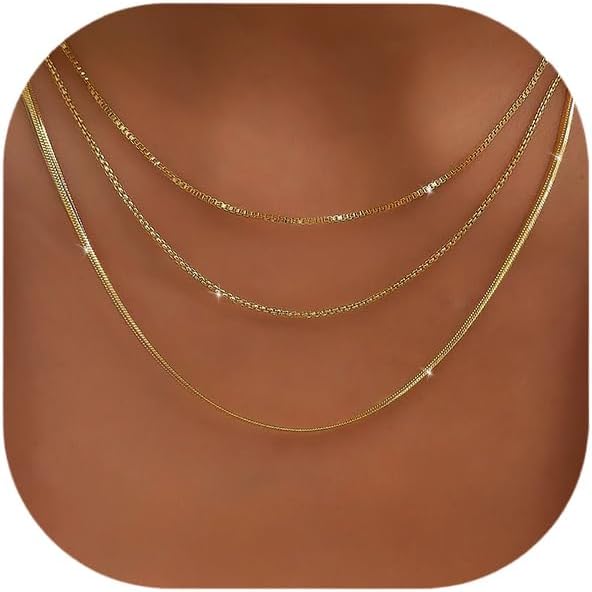 Gold Layered Necklaces for Women, 14K Gold Plated Dainty Gold Chain Choker Necklace Stack, Herringbone Gold Necklaces Set