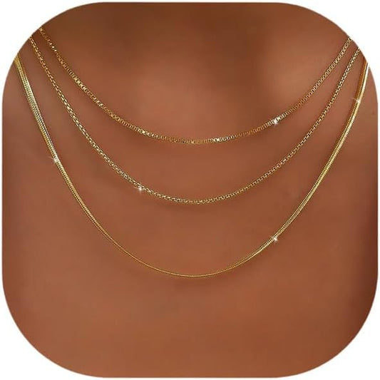 Gold Layered Necklaces for Women, 14K Gold Plated Dainty Gold Chain Choker Necklace Stack, Herringbone Gold Necklaces Set