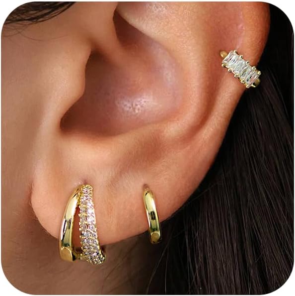 4Pairs Statement Gold Hoop Earrings for Women Trendy,Surgical Steel Gold Plated Hoop Hypoallergenic Earrings Set,Titanium Hoops Earring Stacks,CZ Cartilage Huggie Hoops Earring Gifts for Girlfriend