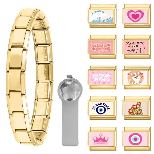 Italian Charms Bracelet Sets with 1Pcs Starter Brascelet 9Pcs Charms 9mm Italian Modular Charm Bracelet DIY Module Jewelry Gifts - color: A-Starter Bracelet Set Gold Pink