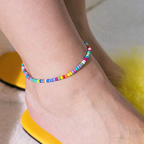 XIJIN 18 Pieces Elastic Beaded Anklets for Women Handmade Beach Boho Colorful Beads Ankle Bracelets Set - color: Multicolor
