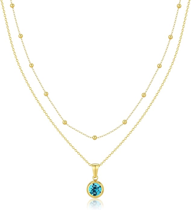 14K Gold-Plated Women's Double-Layer Birthstone Necklace Delicate Round Birthstone Pendant with a Simple Necklace, a Birthday Gift for Women Teenage Girls