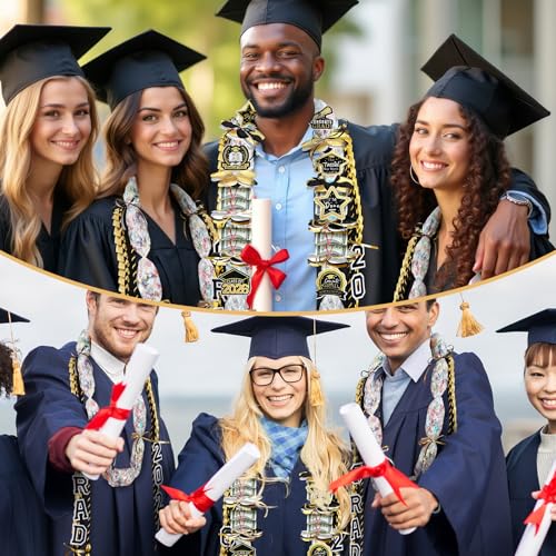 Graduation Candy Lei Making Kit Class of 2026 DIY Lei PE Bags Tubing Money Leis 2026 Graduation Ribbon Necklace Include 2 x 5 ft PE Bags 90 Pcs Flower Accessories for Grad Party Supplies (Gold, Black) - color: Gold, Black
