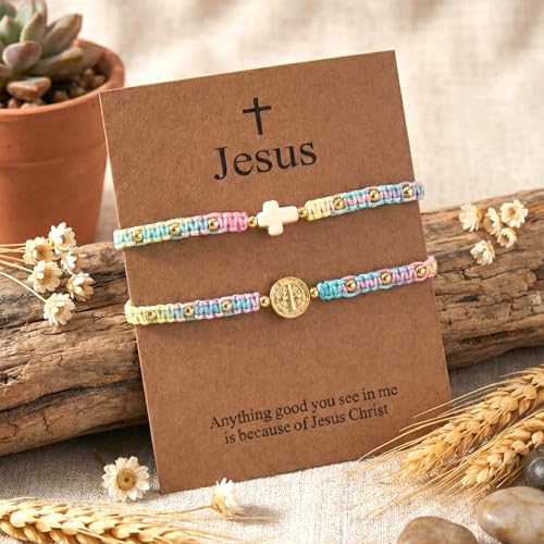 Christian Cross Jesus Pendant Charm Gold Rope String Beaded Bracelets Stack Set for Women,Handmade Bohemian Colorful Adjustable Jewelry,God Lucky Protection Friendship Gift - color: Colorful