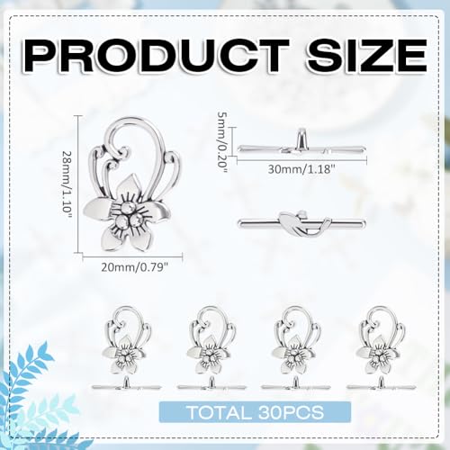 30Pcs Toggle Jewelry Clasps Antique Silver Flower T-bar Closure Metal Bar and Ring Connectors End Clasps for Jewelry Making Pendants Bracelet Necklace Earring DIY Crafts 28x20mm