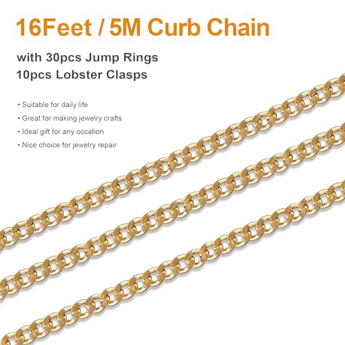 Kyutong 16.4 Feet Gold Plated Craft Chains for Jewelry Making Stainless Steel Curb Chain Roll for Women Men Necklace Bracelet DIY Supplies Findings - color: Gold Curb