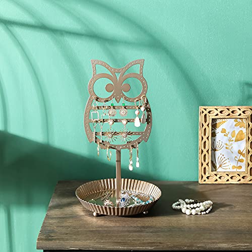 NIKKY HOME Earring Holder Hanging Organizer Stand Metal Jewelry Tree Table Top Owl Ear Stud Holder Tower Rack with Ring Tray for Girls (134 Holes), Gold - color: Rose Gold