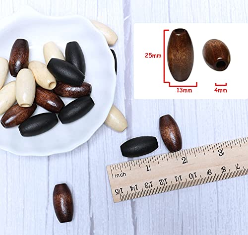 60 Oval Wooden Beads with 4mm Hole, Brown Wood Beads Varity Pack 13 x 25mm Mixed Colors Wooden Tube Spacer Beads for Macrame Crafts Making - color: 26x13mm, 3 Colors#60pcs