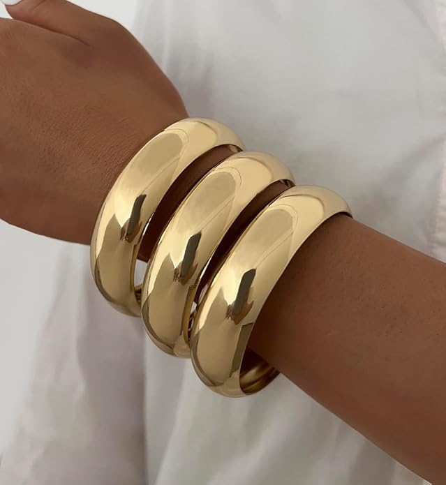 Chunky Gold Bangle Bracelets for Women, Dainty 14k Gold Plated Big Stackable Bangles Set, Trendy Statement Cuff Bracelet Stack Fashion Jewelry Christmas Gifts