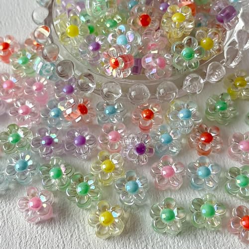 200pcs Ab Color Flower Bead Acrylic Colorful Beads Transparent Straight Hole Inner for DIY Jewelry Bracelet Necklace Phone Chain Keychain(ab Flower) - color: 200pcs-flower
