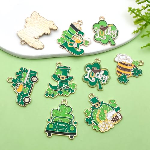 18pcs Alloy enamel green Irish Festival St. Patrick's Day clover carriage beer glass Jewelry Making DIY Keychain Earrings Pendant Various Design Charms for Jewelry Making Bracelets Necklace(SN1086) - color: SN1086