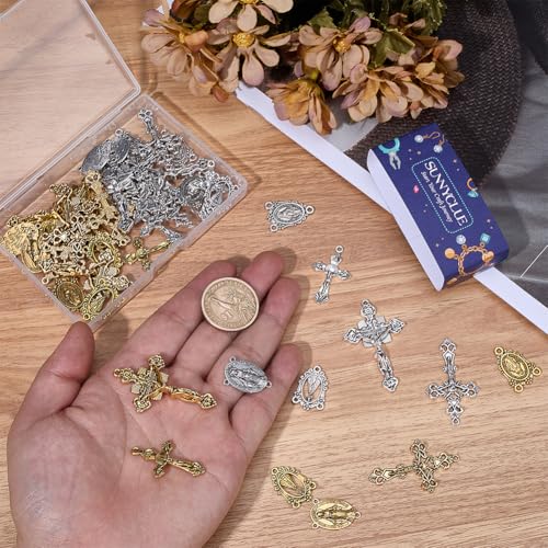 SUNNYCLUE 1 Box 48Pcs 12 Styles Rosary Cross and Centerpiece Rosary Crucifix Charms Tibetan Gold Silver Bronze Cross Amulet Chandelier Links Pendants for Jewelry Making DIY Necklace Bracelets Crafts - style: Rosary Charm 3