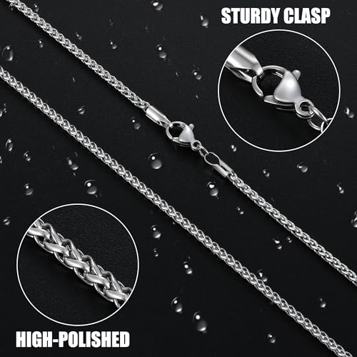 Fiusem Black Wheat Chains for Men and Women, 2/2.5/3/4/5mm Stainless Steel Necklace Chain, Mens Necklace Jewelry Gift 16-28 Inch - size: 22 Inches, style: Silver 2.1MM