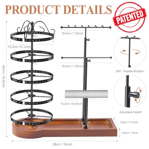 KALYLOC Jewelry Earring Holder Organizer, Adjustable 5 Tiers Rotating Earring Holder 3 Tier Necklace Holder with Wooden Base, Multi-Functional Jewelry Organizer Display Stand for Studs Bracelet Women - color: Black