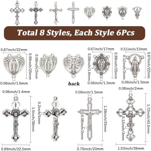 SUNNYCLUE 1 Box 48pcs 8 styles Easter Rosary Charms Metal Rosary Crucifix Bulk Assorted Tibetan Style Alloy Antique Silver Chandelier Link Connector Charm Pendants Bulk for Jewelry Making Women Adults - style: Rosary Charm 1