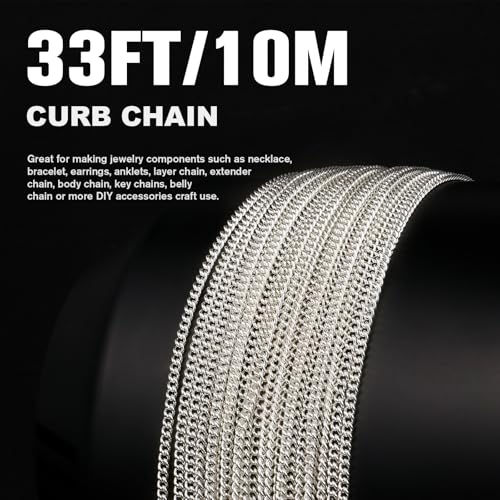 33 Feet Silver Curb Chains Roll, 2MM Silver Plated Brass Flat Twisted Link Chain Spool Bulk for Jewelry Making DIY Craft - color: 2.0mm silver curb chain