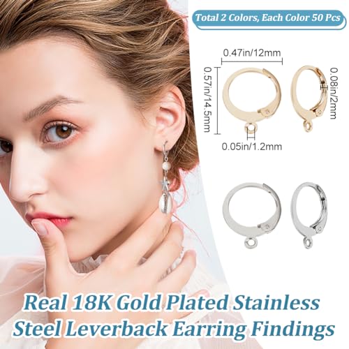 Beebeecraft 1 Box 100Pcs Leverback Earring Findings 18K Gold Plated Stainless Steel Huggie Hoop French Earring Hooks Ear Wire Clasp Clip Dangle for Jewelry Making DIY Findings - color: 100Pcs 18K Gold Platd 304 Stainless Steel #5