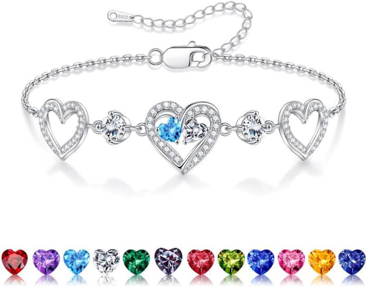 Iefil Valentines Day Gifts for Her - 925 Sterling Silver Heart Birthstone Bracelet Birthday Anniversary Jewelry Gifts for Her Wife