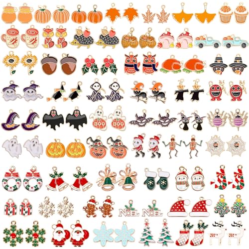 SANNIX 110Pcs/55 Pairs Holiday Charms, Thanksgiving Fall Halloween Christmas Charm for Jewelry Making, Assorted Gold Enamel Charm Pendants for Bracelet Necklaces Earrings Craft Supplies - style: Holiday Charms