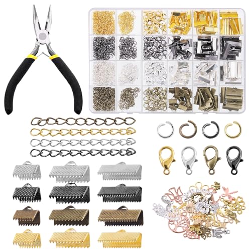 Tanstic 771Pcs 4 Colors Ribbon Ends Fastener Clasps Kit, Bookmark Pinch Crimp Ends with Jump Rings, Lobster Claw Clasps, Chain Extenders, Pendant Charms and Jewelry Pliers for DIY Crafts - color: Ribbon Ends + Jewelry Clasps + Jump Rings