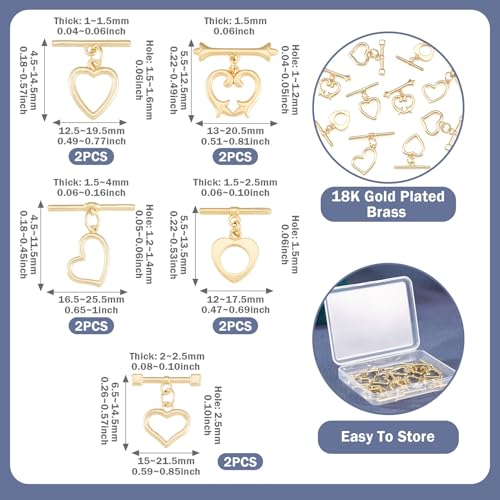 10Pcs 18K Gold Plated Toggle Jewelry Clasps Heart Toggle Clasps Brass OT Toggles Clasp Connector T-Bar Bracelet Closure Clasp for Bracelet Necklace Jewelry Making - color: Light Golden