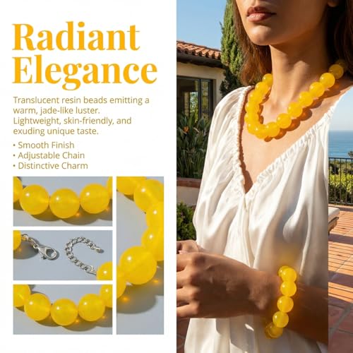 Colorful Chunky Beaded Necklace for Women Acrylic Bead Choker Necklaces Fashion Large Round Beads Necklaces for Women Handmade Summer Jewelry - color: Yellow bracelet + necklace