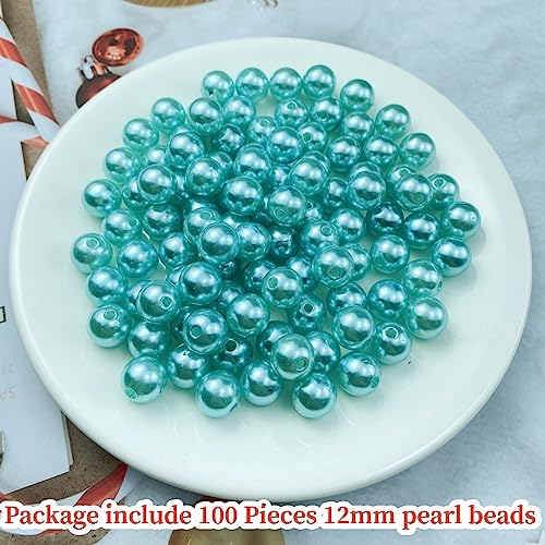 Pinhoollgo 100pcs Pearl Beads 12mm Round Pearl Beads with Hole for DIY Bracelet Necklace Jewelry Making Supplies Handmade Craft(Lake Blue) - color: Lake Blue, size: 12mm/100pcs