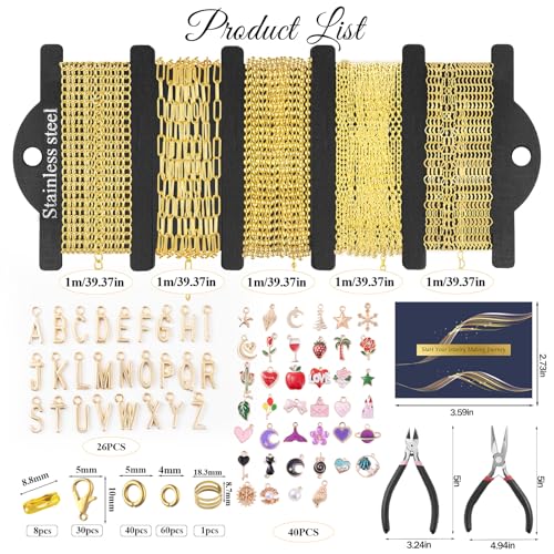 HUISUYTON 16.4 FT Gold Chain for Jewelry Making, Jewelry Making Chains Kit with Jump Rings/Lobster Clasps/Connectors/Charms/Pliers, Stainless Steel Necklace Chains for DIY Craft - color: Gold-16.4Ft+Pendants