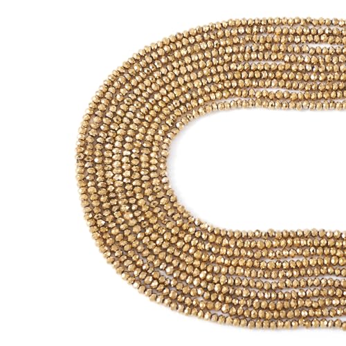 FASHEWELRY 10 Strands Faceted Crystal Glass Beads 2mm Rondelle Briolette Glass Spacer Beads Light Gold Plated for Necklace Bracelet Jewelry Making - color: Light Gold Plated, size: 2mm