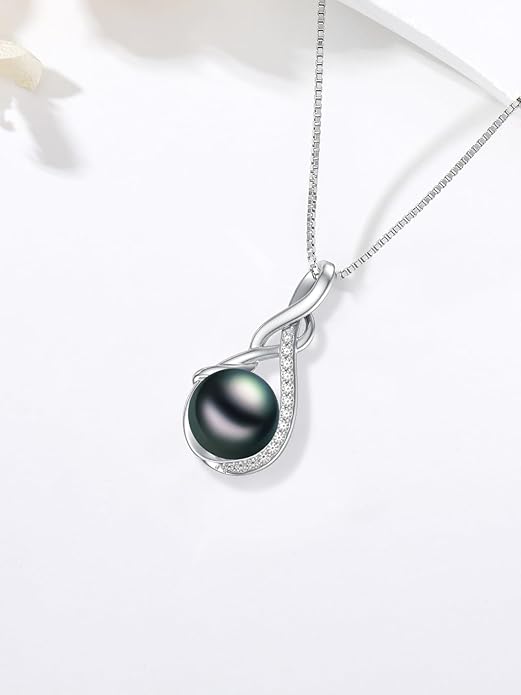 Tahitian Black Pearl 18K White Gold Plated Sterling Silver Heart/Infinity/Four Leaf Clover Pendant Necklace Jewelry Gifts for Women Wife Mom Girlfriend Wedding Birthday Anniversary Christmas