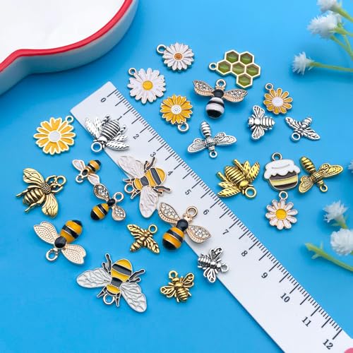 Youdiyla 50pcs Alloy Antique Silver Enamel Bee Daisy Set Pendant Jewelry Making DIY Keychain Earrings Pendant Various Design Charms for Jewelry Making Bracelets Necklace (SN1009) - color: SN1009