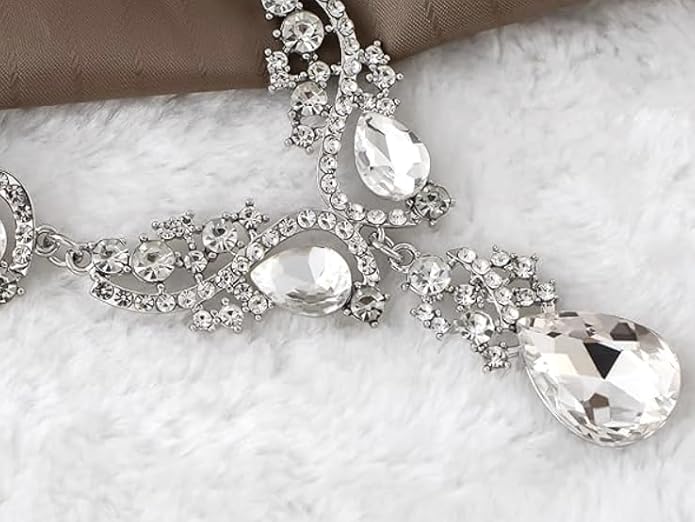 Secret for Longevity Silver Tone Antique Style Art Deco Clear Crystal Rhinestone Statement Wedding Bridal Prom Chunky Statement Earrings Necklace Gift Set