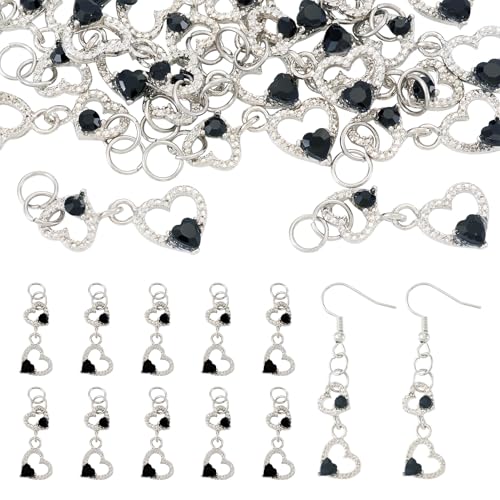 FASHEWELRY 15Pcs Crystal Rhinestone Heart Pendants, Hollow Heart Alloy Dangle Charms Black Glass Love Charms Platinum for DIY Valentine's Day Necklace Earring Jewelry Making - color: Heart-Black