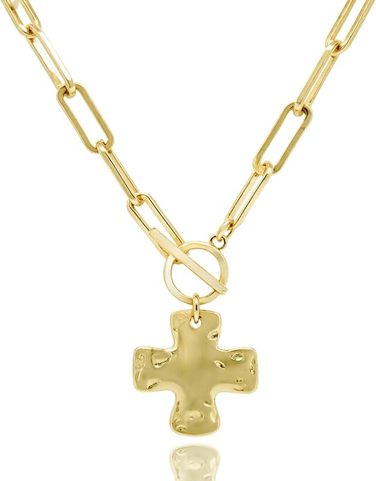 Gold Chunky Cross Necklace for Women - Statement Layered Hammered Cross Pendant Jewelry with Vintage Toggle Clasp, Bold Paperclip Chain Necklace Gift for Her
