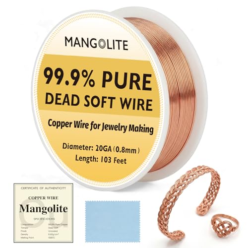 20 Gauge/0.8mm Copper Wire for Jewelry Making – 103 Feet Single Spool with Polishing Cloth & COA – 99.9% Pure Dead Soft Bare & Skin Safe Uncoated Craft Wire for Jewelry Setting & Bracelet - size: 20 Gauge, style: 5 Ounces