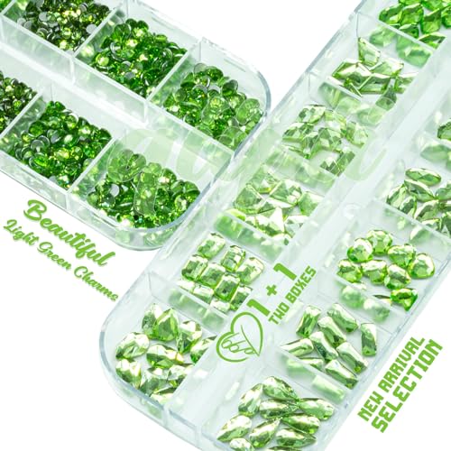qiipii 3180Pcs Light Green Nail Rhinestones Multi Shapes Crystal Grass Green Flatback K9 Glass Rhinestones Gems Round Beads Stones Diamonds jewels w Wax Pen for Nails Face Eye Makeup Clothes Shoes DIY - color: Light Green, size: A Set