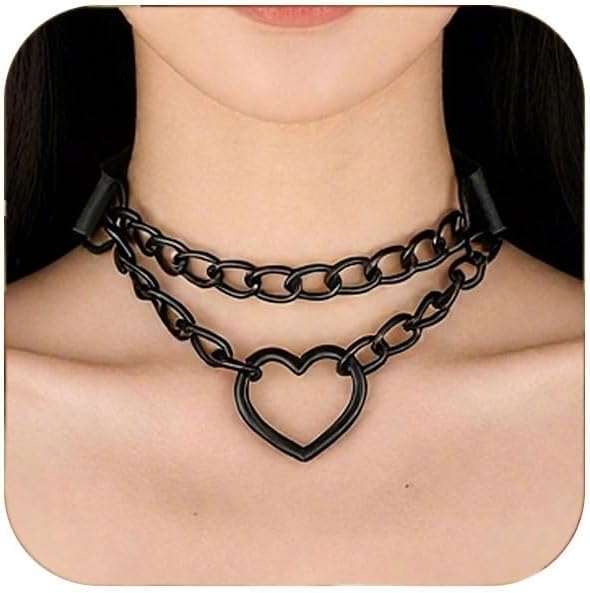 Goth Heart Chain Choker Necklace, Gothic Punk Grunge Emo Necklace, PU Leather Choker, Halloween Jewelry Gifts for Women