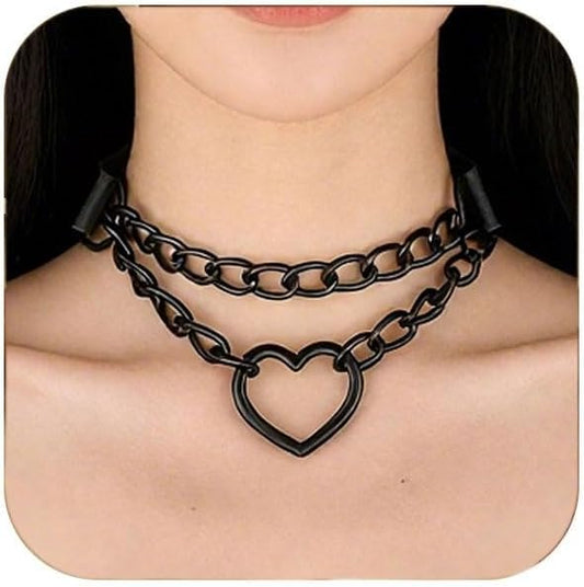 Goth Heart Chain Choker Necklace, Gothic Punk Grunge Emo Necklace, PU Leather Choker, Halloween Jewelry Gifts for Women