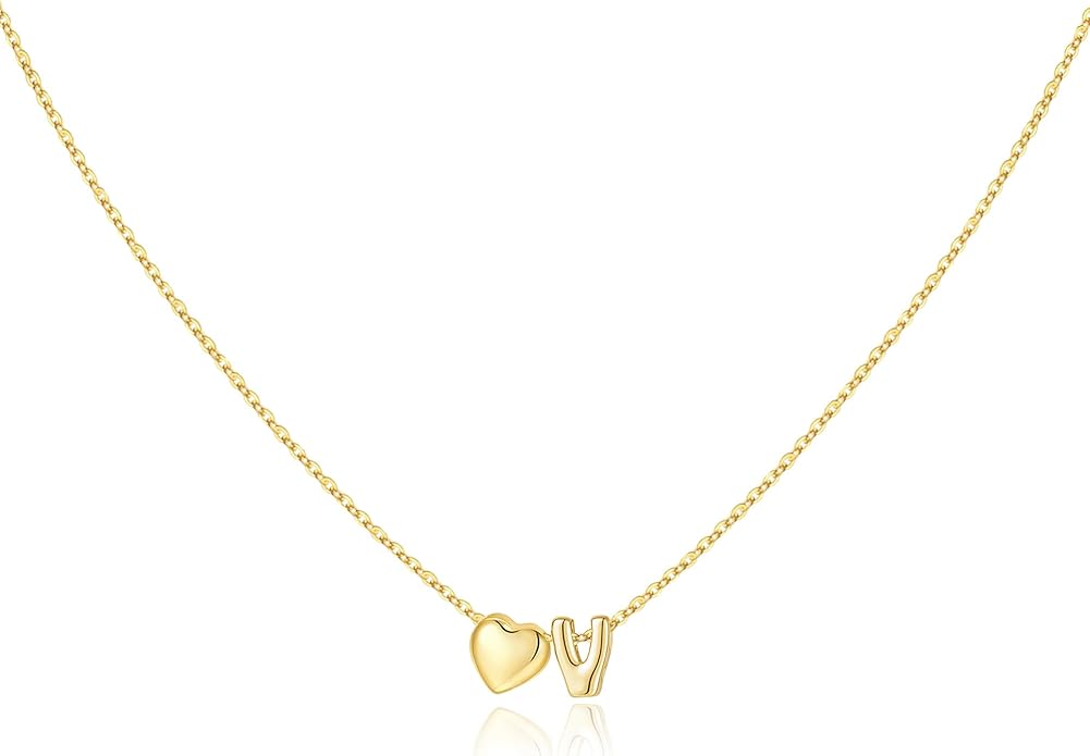 M MOOHAM Valentines Gifts for Kids Her - Heart Initial Necklaces for Women Girls 14K Gold Plated Tiny Heart Necklace Jewelry for Kids Personalized Birthday Gifts for Teen Girls Trendy