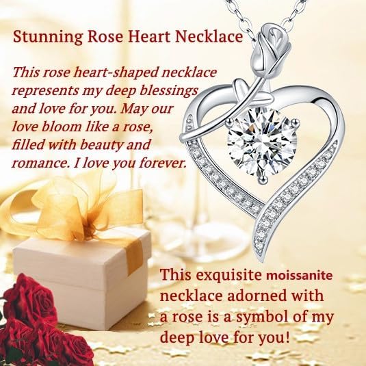 Rose Heart Pendant Necklace for Wife Moissanite Lab-Created Gem Jewelry for Women I Love You Wedding Anniversary Birthday Christmas Valentines Engagements Mothers Day for Her Girlfriend Mom Daughter