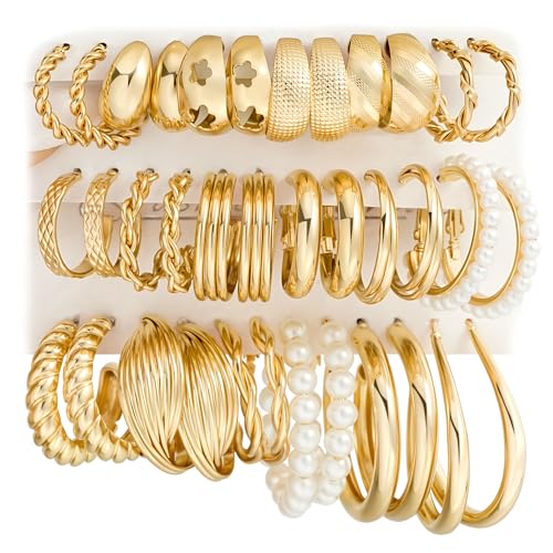 Gold Hoop Earrings Set for Women, 18 Pairs Hypoallergenic Statement Open Pearl Hoops Earring for Multipack, Gold Chunky Hoop Earrings for Women Trendy Jewelry - color: Gold-A-18 pairs