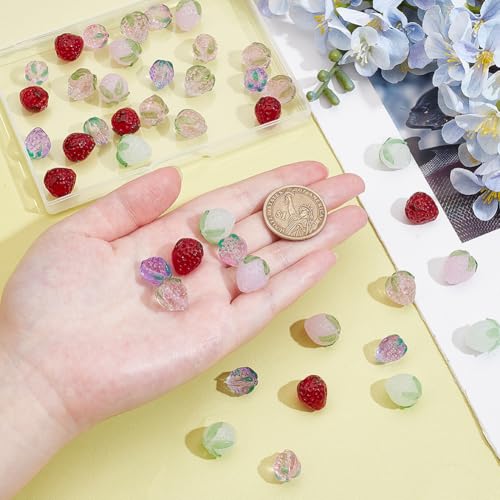 NBEADS 44 Pcs 6 Styles Strawberry Glass Beads, Handmade Lampwork Fruit Beads Crystal Mini Fruit Charms for DIY Jewelry Making