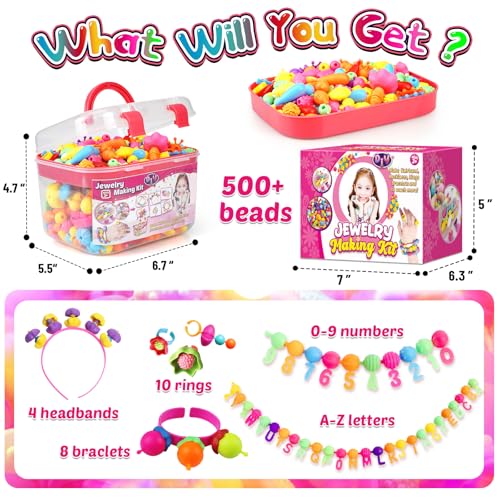 FUNZBO 520+ Snap Pop Beads - Jewelry Making Kit, Arts and Crafts for Kids Ages 4-8, Toys for 3 4 5 6 Years Old Girls Birthday Gifts Ideas, Bracelet Necklace Ring Set for Little Girls - size: Medium