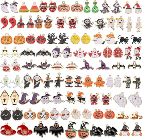 SANNIX 110Pcs 55 Pairs Halloween Charms Gold Enamel Jewelry Pendants for Halloween Earring Bracelet Necklace Craft Making - style: Halloween Charms-55 Pairs