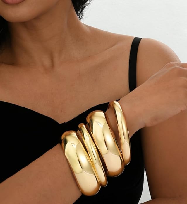 Chunky Gold Bangle Bracelets for Women, Dainty 14k Gold Plated Big Stackable Bangles Set, Trendy Cuff Bracelet Stack Fashion Jewelry Gifts